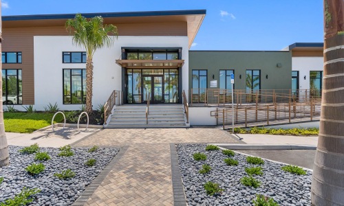 a building with a brick walkway